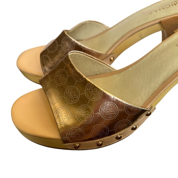 NWOT Michael Kors 8.5 Rose Gold Open Peep Toe Wood High Heel Sandals - Picture 2 of 9